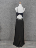 Elegant Black Spaghetti Strap Sequin Beaded Split Chiffon Long Formal Prom Dresses