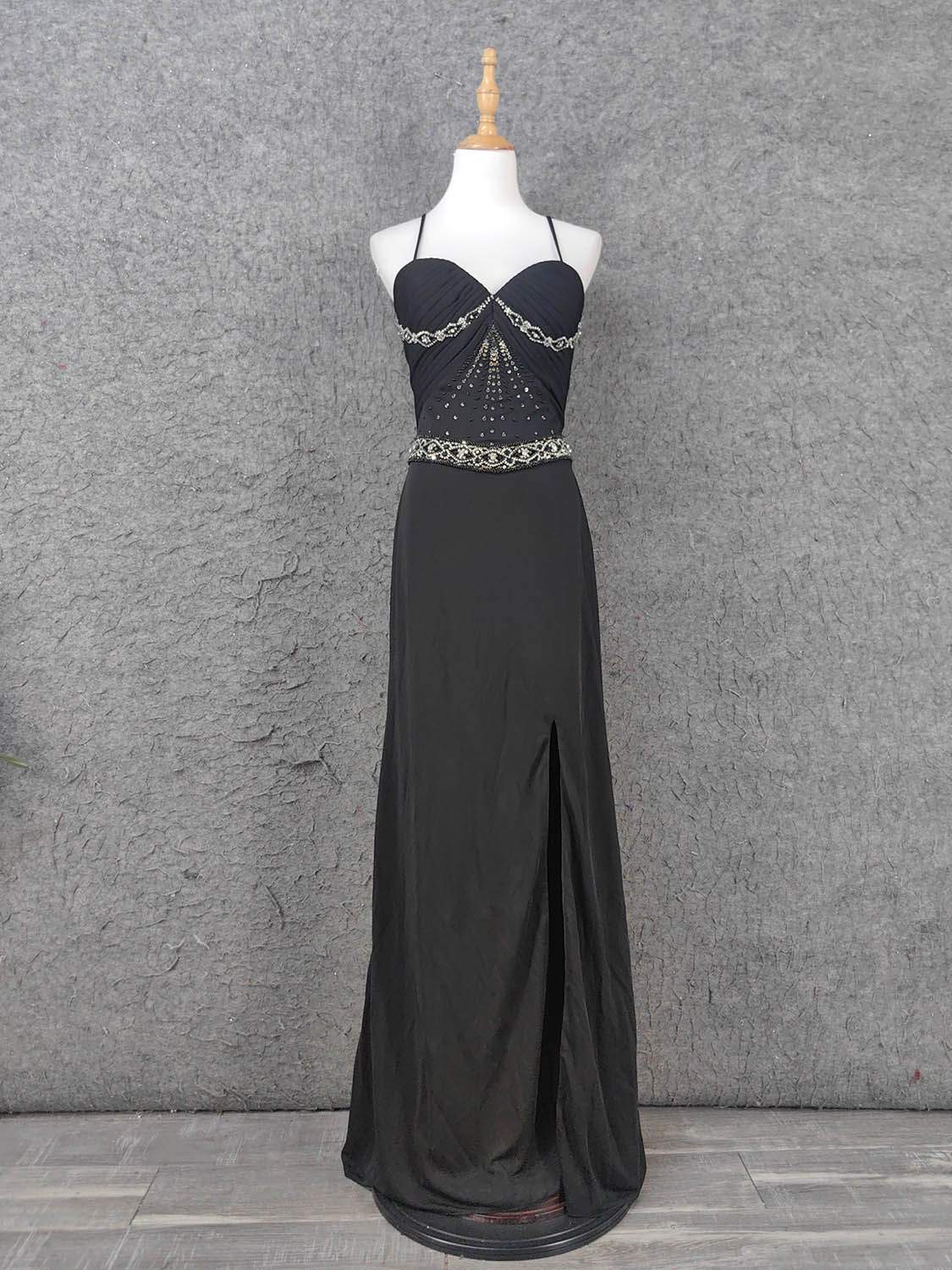 Elegant Black Spaghetti Strap Sequin Beaded Split Chiffon Long Formal Prom Dresses Main image