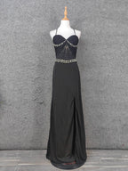 Elegant Black Spaghetti Strap Sequin Beaded Split Chiffon Long Formal Prom Dresses