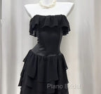 Elegant Black Strapless A-Line Layered Chiffon Long Formal Prom Dresses Graduation Formal Prom Dresses
