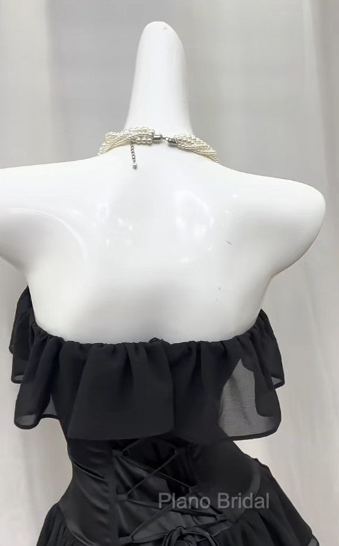 Elegant Black Strapless A-Line Layered Chiffon Long Formal Prom Dresses Graduation Formal Prom Dresses