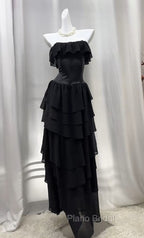 Elegant Black Strapless A-Line Layered Chiffon Long Formal Prom Dresses Graduation Formal Prom Dresses