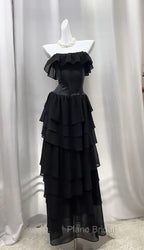Elegant Black Strapless A-Line Layered Chiffon Long Formal Prom Dresses Graduation Formal Prom Dresses