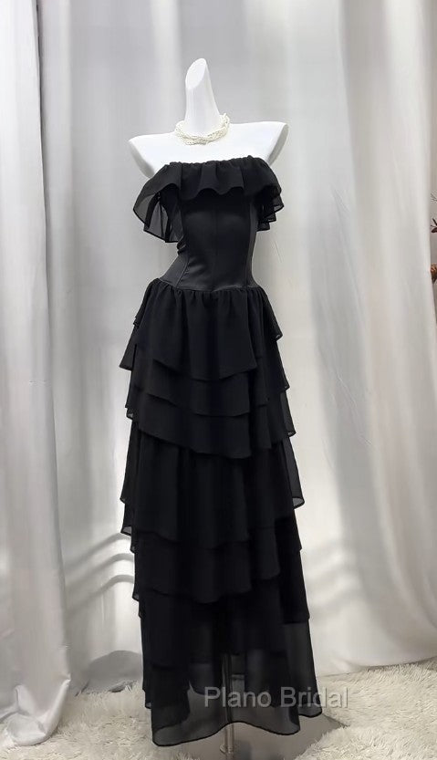 Elegant Black Strapless A-Line Layered Chiffon Long Formal Prom Dresses Graduation Formal Prom Dresses