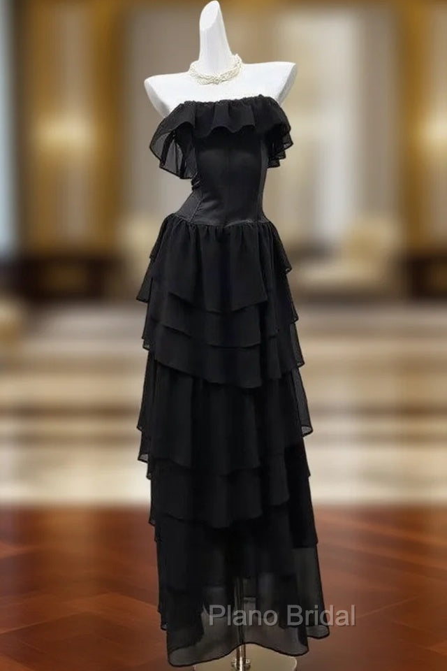 Elegant Black Strapless A-Line Layered Chiffon Long Formal Prom Dresses Graduation Formal Prom Dresses Main image