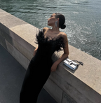 Elegant Black Strapless Feather Satin Bodycon Long Formal Prom Dresses
