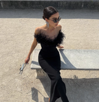 Elegant Black Strapless Feather Satin Bodycon Long Formal Prom Dresses
