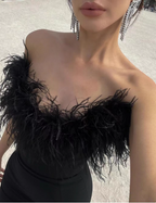 Elegant Black Strapless Feather Satin Bodycon Long Formal Prom Dresses