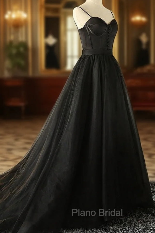 Elegant Black Straps Tulle Sweetheart Formal Prom Dresses, Black Party Dresses Secondary image