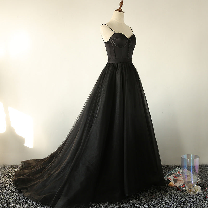 Elegant Black Straps Tulle Sweetheart Formal Prom Dresses, Black Party Dresses