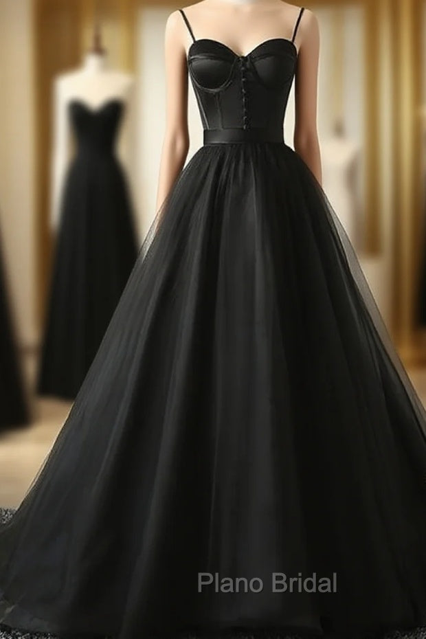 Elegant Black Straps Tulle Sweetheart Formal Prom Dresses, Black Party Dresses Main image