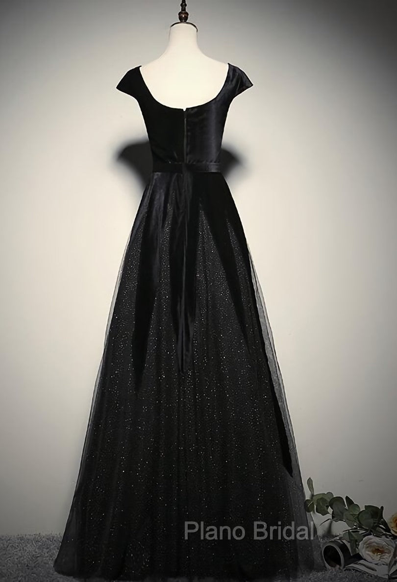 Elegant Black Velvet Cap Sleeves Evening Dresses, Black Formal Prom Dresses