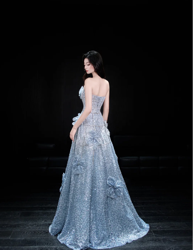 Elegant Blue A-Line Strapless 3D Floral Sequined Tulle Long Formal Prom Dresses