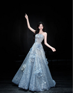 Elegant Blue A-Line Strapless 3D Floral Sequined Tulle Long Formal Prom Dresses