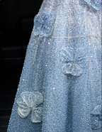 Elegant Blue A-Line Strapless 3D Floral Sequined Tulle Long Formal Prom Dresses