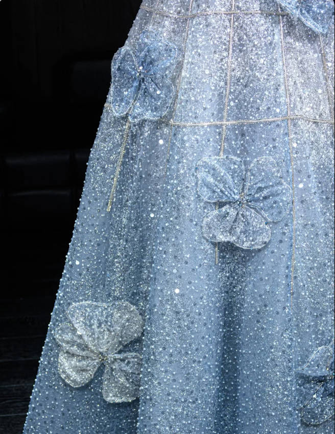 Elegant Blue A-Line Strapless 3D Floral Sequined Tulle Long Formal Prom Dresses