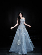 Elegant Blue A-Line Strapless 3D Floral Sequined Tulle Long Formal Prom Dresses