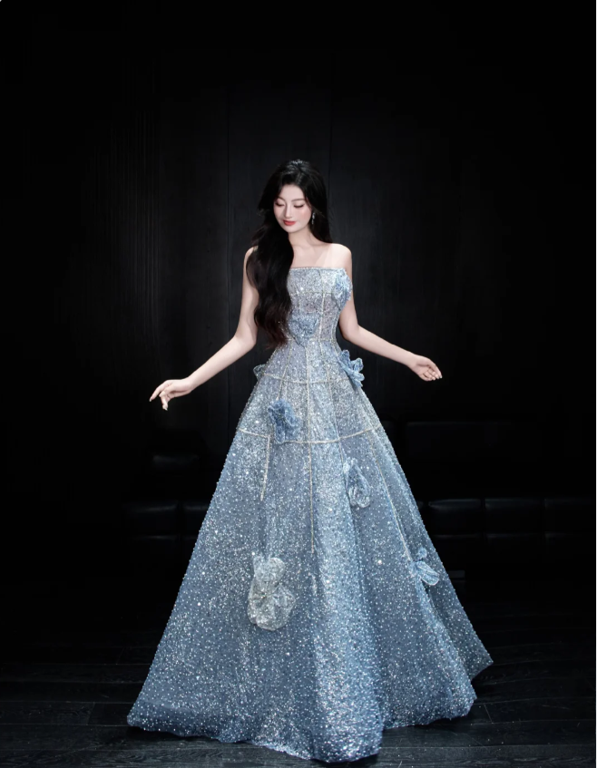 Elegant Blue A-Line Strapless 3D Floral Sequined Tulle Long Formal Prom Dresses