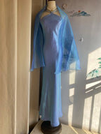 Elegant Blue Halter Neck Mermaid Satin Long Formal Prom Dresses