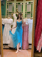 Elegant Blue Irregular Deep V Halter Beaded Chiffon Formal Prom Dresses