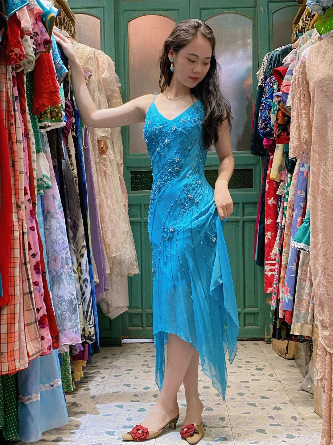 Elegant Blue Irregular Deep V Halter Beaded Chiffon Formal Prom Dresses