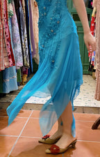 Elegant Blue Irregular Deep V Halter Beaded Chiffon Formal Prom Dresses
