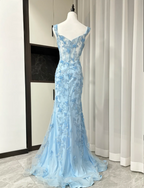 Elegant Blue Mermaid Butterfly Embroidered Long Formal Prom Dresses
