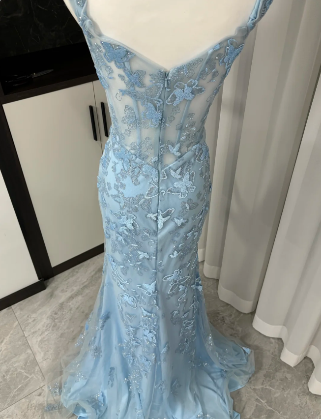 Elegant Blue Mermaid Butterfly Embroidered Long Formal Prom Dresses