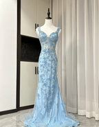 Elegant Blue Mermaid Butterfly Embroidered Long Formal Prom Dresses