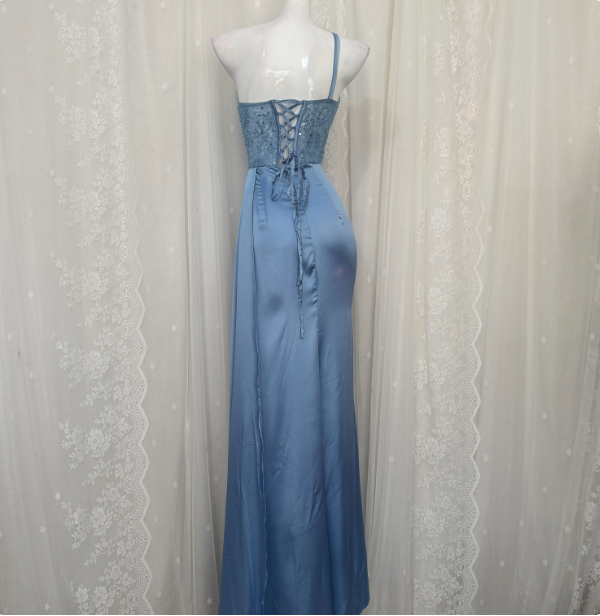 Elegant Blue Mermaid One-Shoulder Sequin Beaded Long Formal Prom Dresses Secondary image