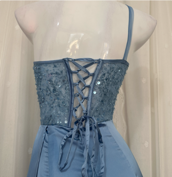 Elegant Blue Mermaid One-Shoulder Sequin Beaded Long Formal Prom Dresses
