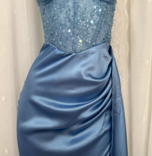 Elegant Blue Mermaid One-Shoulder Sequin Beaded Long Formal Prom Dresses