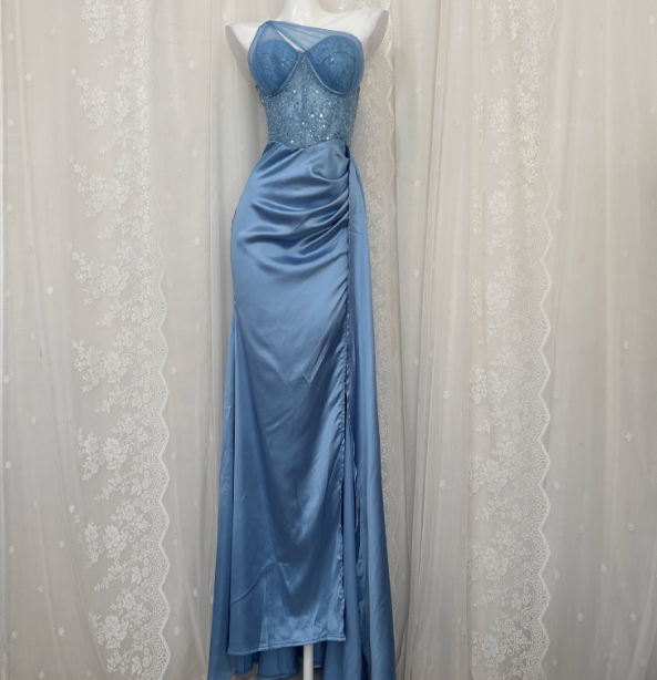 Elegant Blue Mermaid One-Shoulder Sequin Beaded Long Formal Prom Dresses Main image
