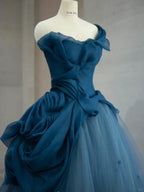 Elegant Blue One Shoulder Tulle Floor Length Wedding Dress