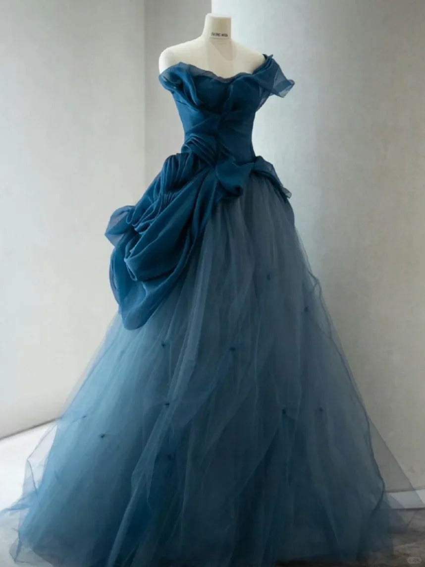 Elegant Blue One Shoulder Tulle Floor Length Wedding Dress