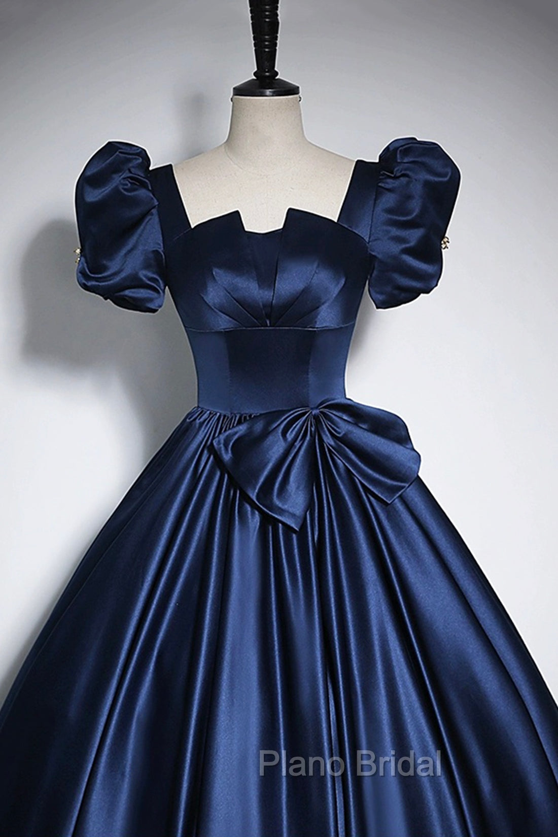 Elegant Blue Satin Formal Prom Dresses, Square Neckline Puffy Short Sleeve Bow Backless Floor-Length Formal Dresses Secondary image