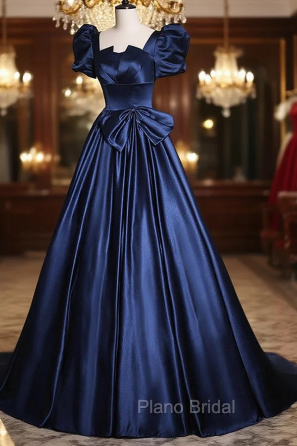 Elegant Blue Satin Formal Prom Dresses, Square Neckline Puffy Short Sleeve Bow Backless Floor-Length Formal Dresses