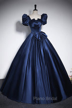Elegant Blue Satin Formal Prom Dresses, Square Neckline Puffy Short Sleeve Bow Backless Floor-Length Formal Dresses
