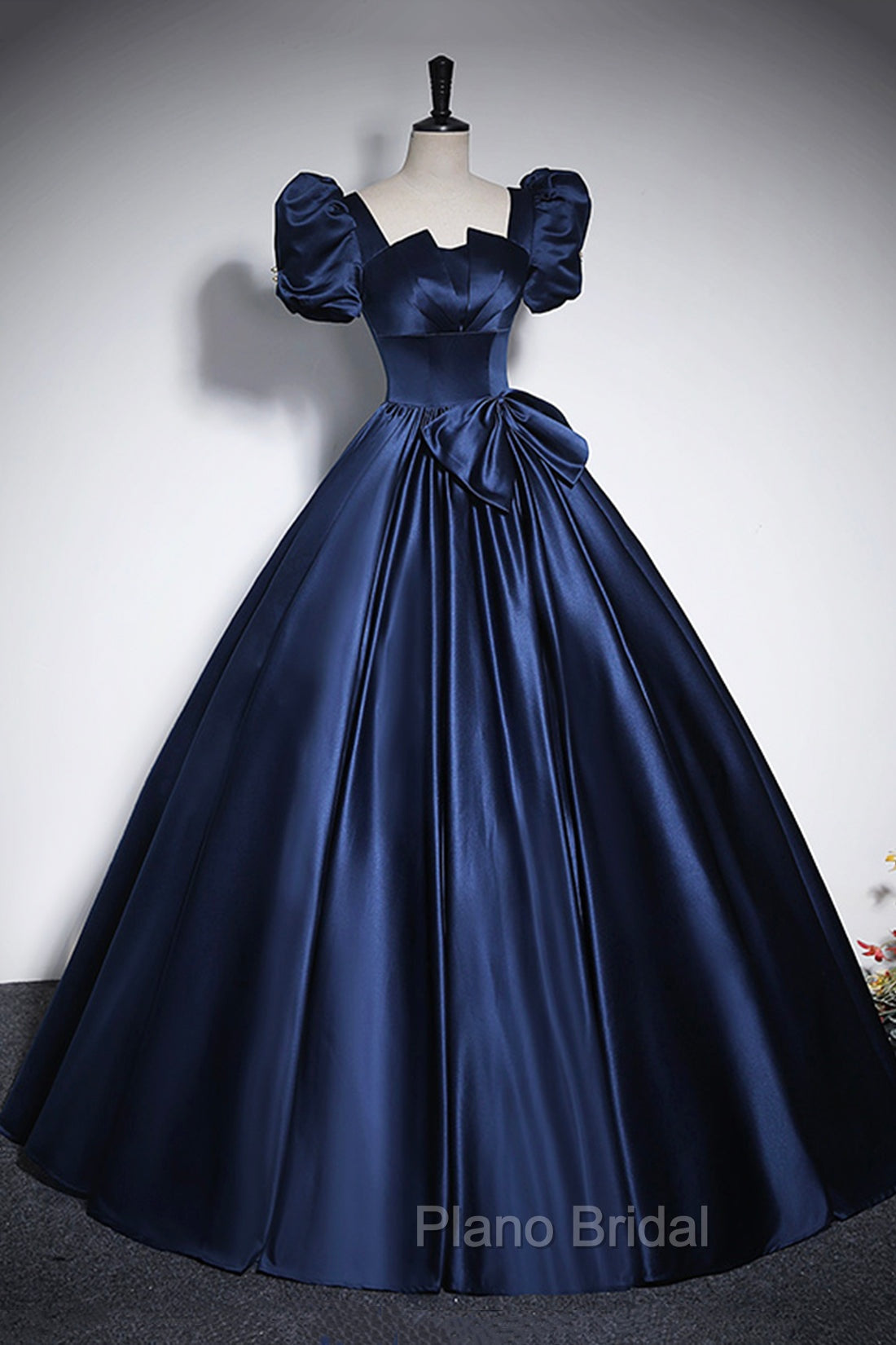 Elegant Blue Satin Formal Prom Dresses, Square Neckline Puffy Short Sleeve Bow Backless Floor-Length Formal Dresses