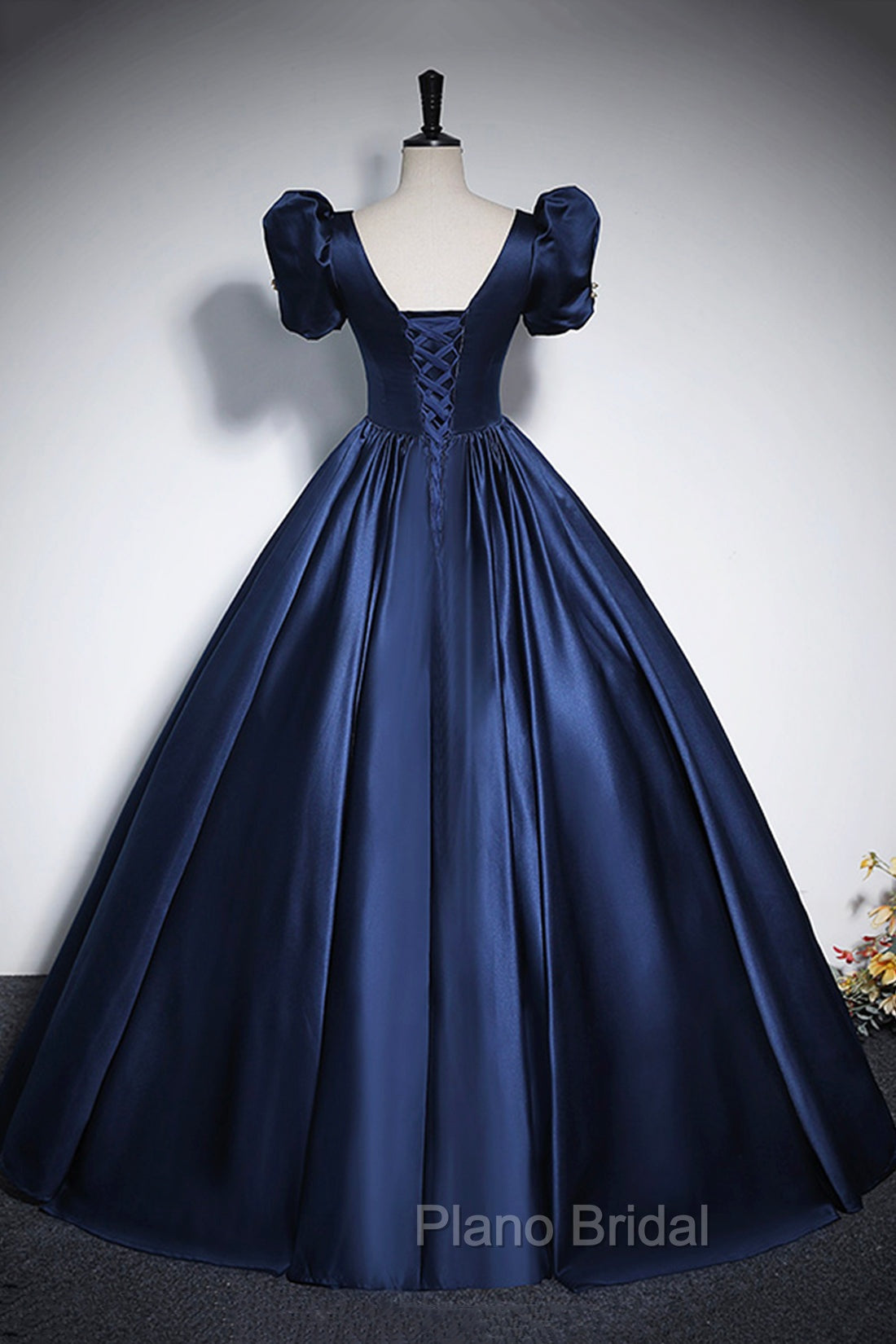 Elegant Blue Satin Formal Prom Dresses, Square Neckline Puffy Short Sleeve Bow Backless Floor-Length Formal Dresses
