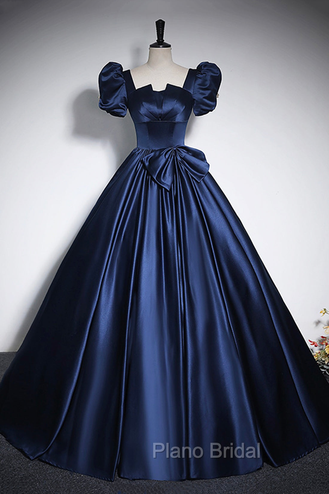 Elegant Blue Satin Formal Prom Dresses, Square Neckline Puffy Short Sleeve Bow Backless Floor-Length Formal Dresses Main image