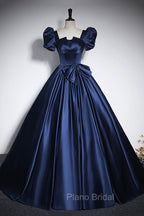 Elegant Blue Satin Formal Prom Dresses, Square Neckline Puffy Short Sleeve Bow Backless Floor-Length Formal Dresses
