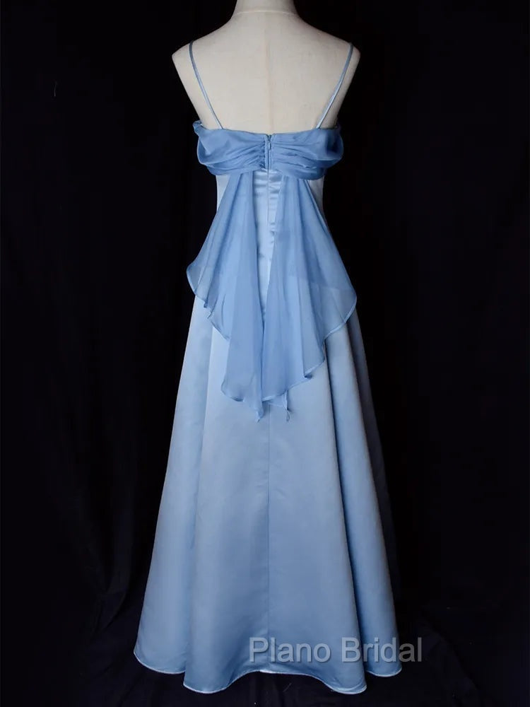 Elegant Blue Satin Spaghetti Straps Evening Gown A Line Long Party Dresses Formal Prom Dresses
