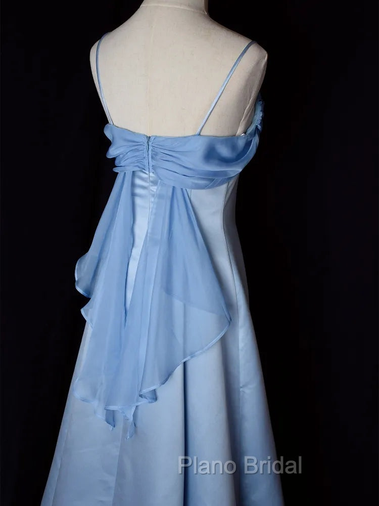 Elegant Blue Satin Spaghetti Straps Evening Gown A Line Long Party Dresses Formal Prom Dresses