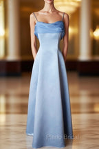 Elegant Blue Satin Spaghetti Straps Evening Gown A Line Long Party Dresses Formal Prom Dresses