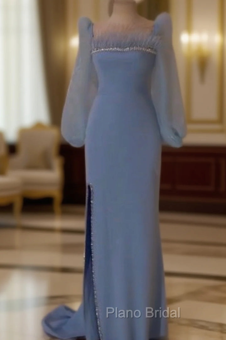 Elegant Blue Sequins Feathers Evening Dresses Long Slit Formal Prom Dresses Party Gown Main image