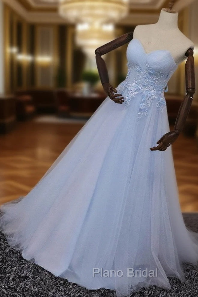 Elegant Blue Tulle Sweetheart Party Dresses Formal Dresses, Blue Lace Applique Formal Prom Dresses 2025 Main image