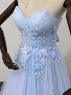 Elegant Blue Tulle Sweetheart Party Dresses Formal Dresses, Blue Lace Applique Formal Prom Dresses 2025