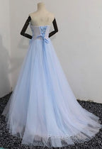Elegant Blue Tulle Sweetheart Party Dresses Formal Dresses, Blue Lace Applique Formal Prom Dresses 2025