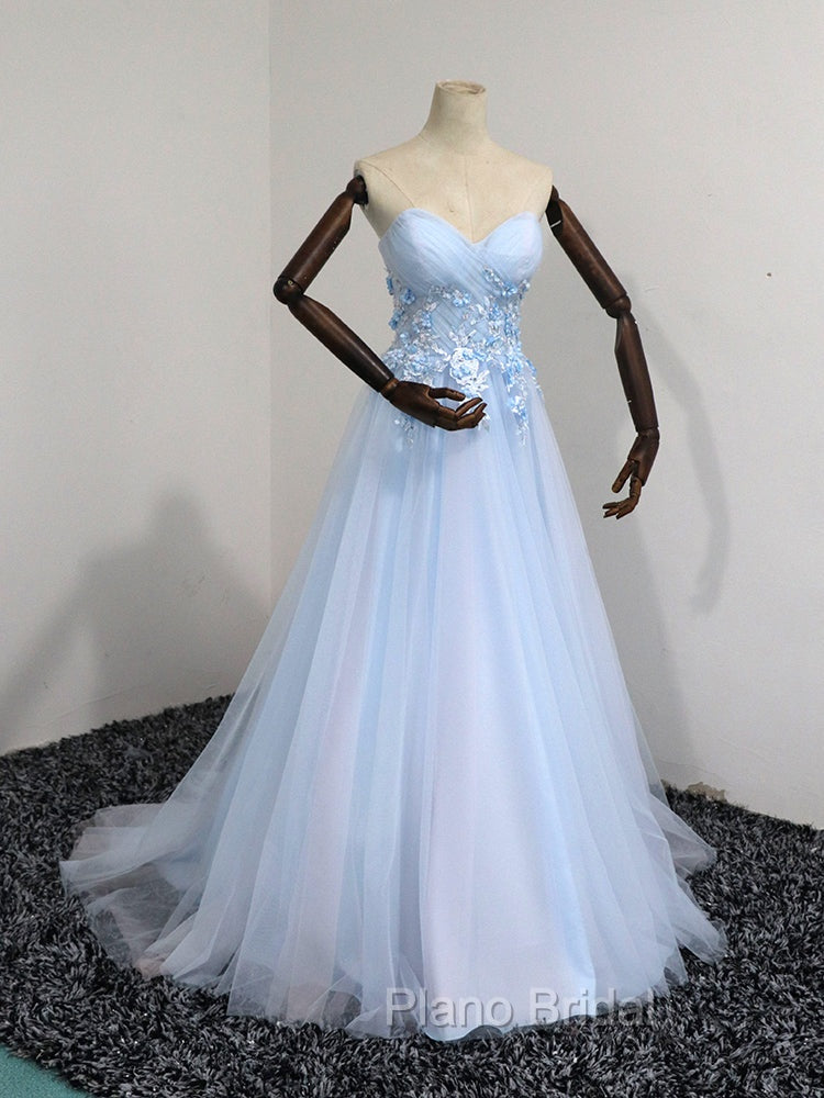 Elegant Blue Tulle Sweetheart Party Dresses Formal Dresses, Blue Lace Applique Formal Prom Dresses 2025 Secondary image